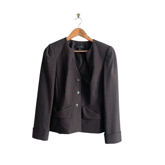 Tahari Wool Blend Blazer Pleated Collar Brown Cropped Women's 6 Pockets Lined - Picture 1 of 10